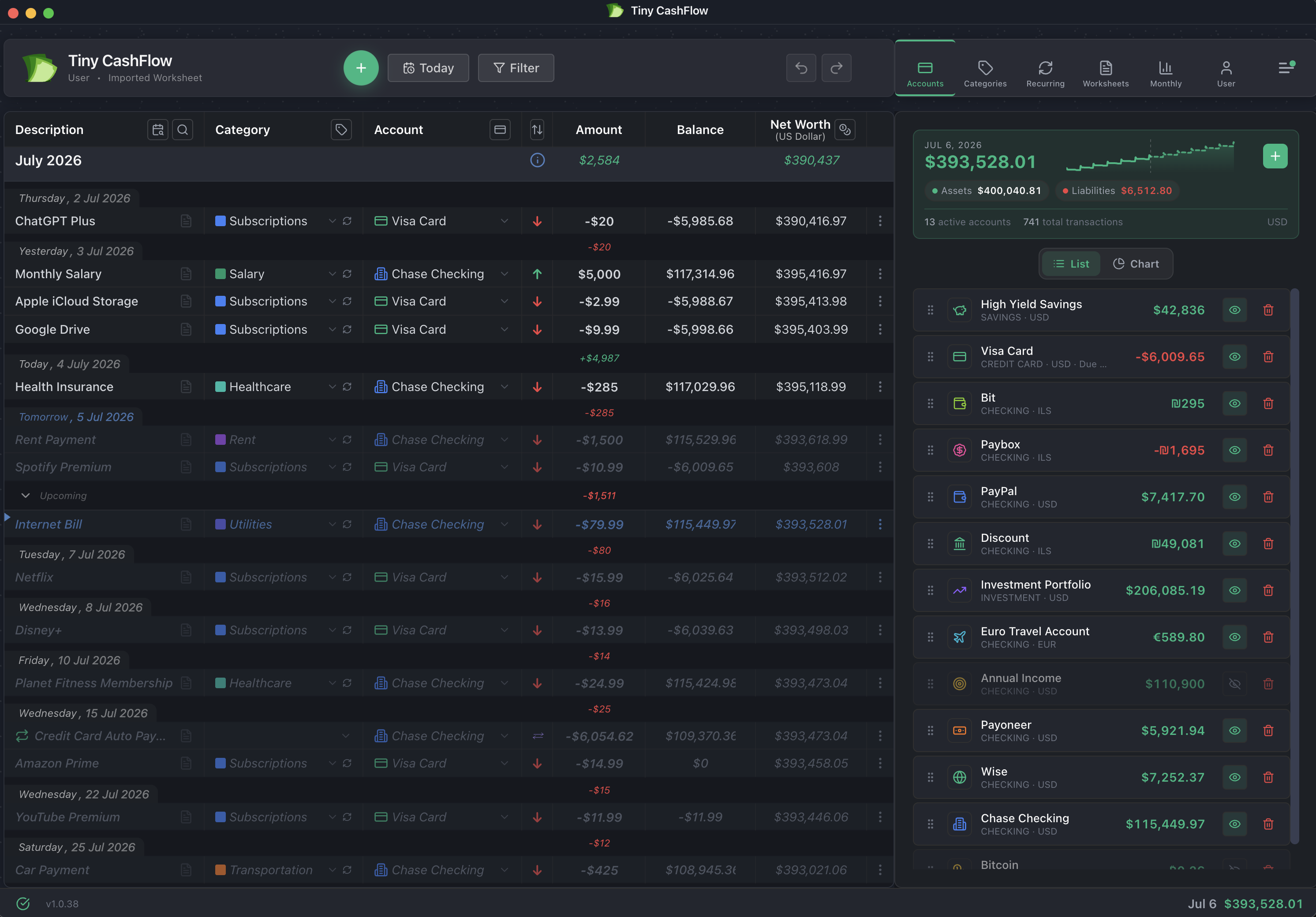 TinyCashflow timeline with projected balances and the accounts panel