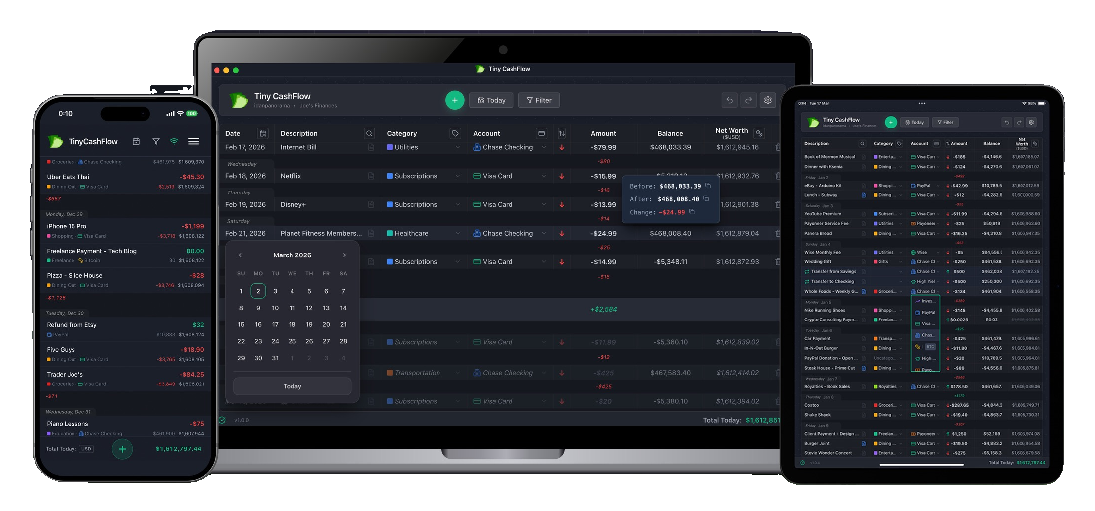 TinyCashflow running on desktop, tablet and phone, all in sync