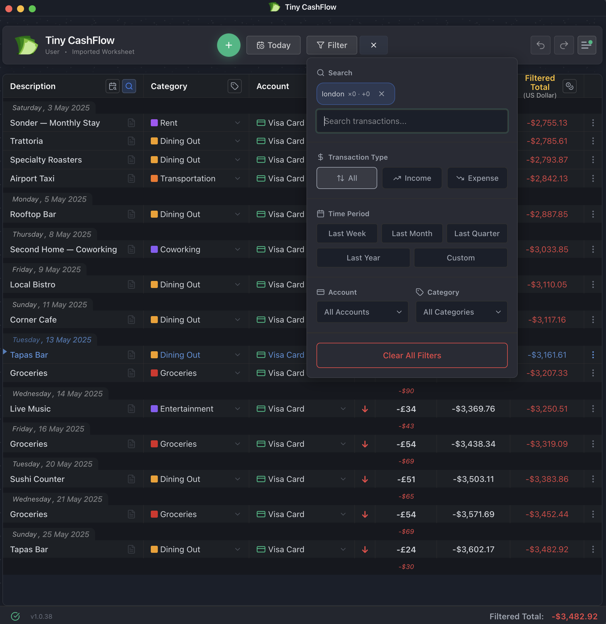 Filtering and searching transactions in TinyCashflow
